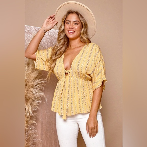 Peach Love California Tops - Yellow Mustard Deep V Neckline Floral Striped Babydoll Top